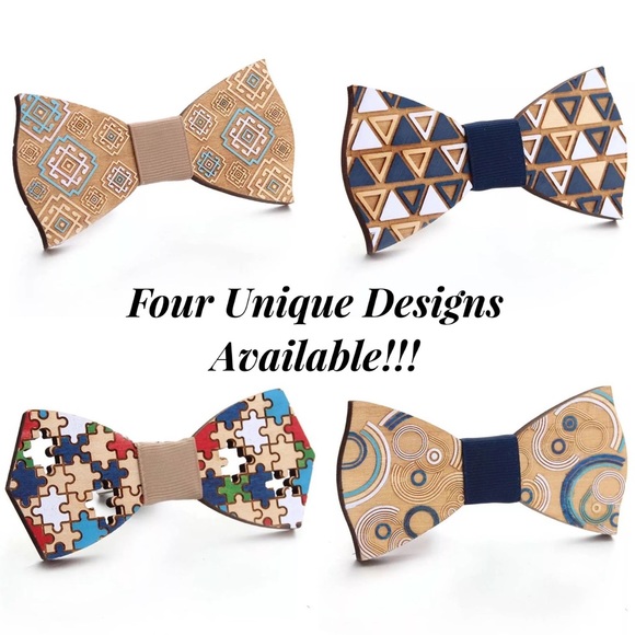 Hand Crafted Blue and White Geometric Wood Butterfly Bow Tie - Picture 14 of 16